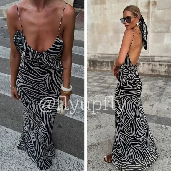 Zara Ruffled Maxi Dress Zebra Size S - Picture 5 of 11